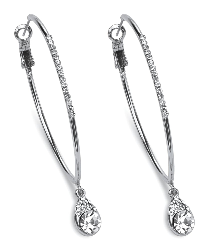 Front of a size One Size White Crystal Silvertone Hoop Teardrop Earrings (1.5") in White by PalmBeach Jewelry. | dia_product_style_image_id:333125